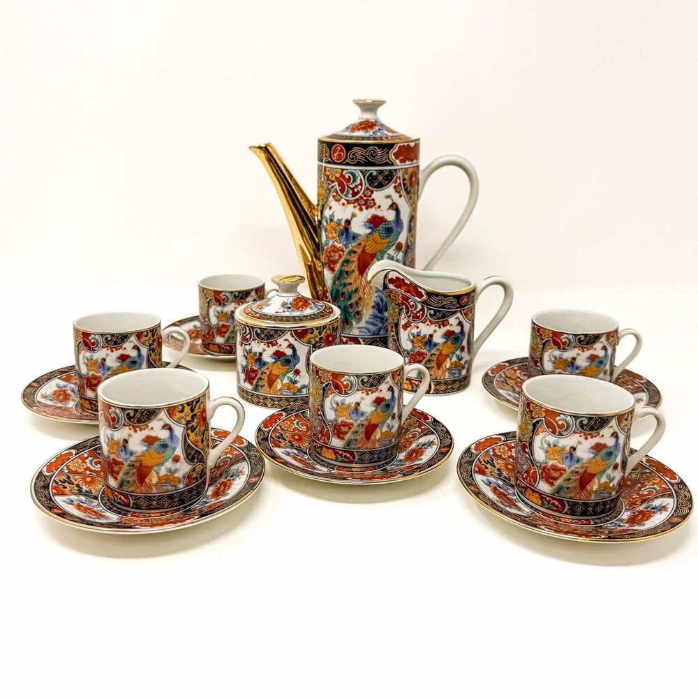 Vintage Yamasen Japan Peacock Demitasse Coffee Set 15 Pc Porcelain NEW